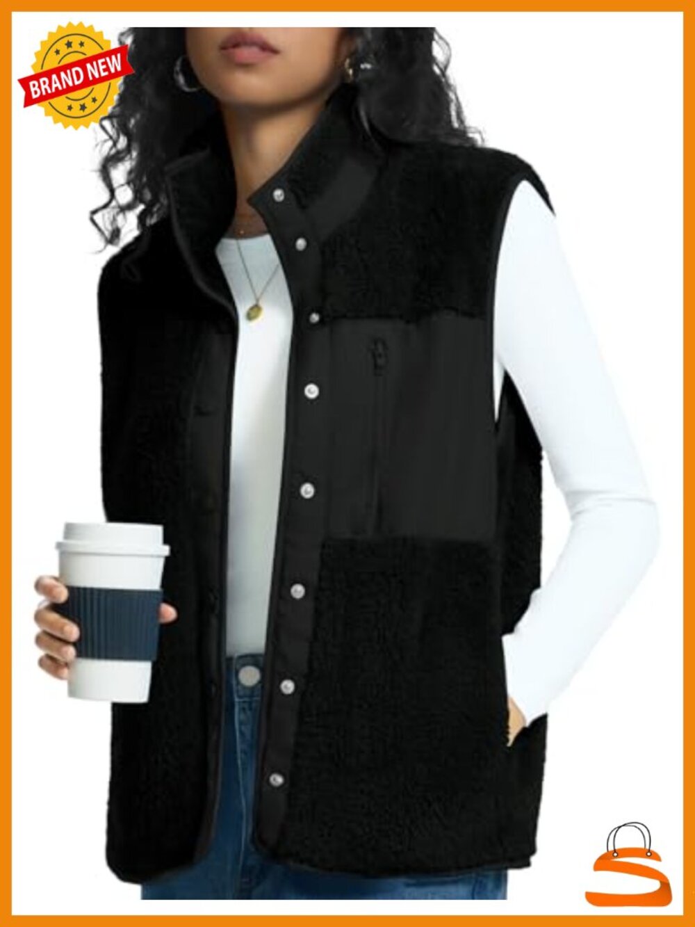Fleece Vest Women Snap Button Sherpa Fuzzy Sleeveless Stand Collar Fall Winter